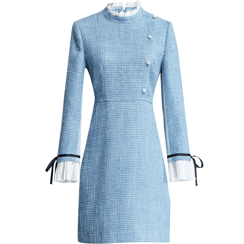 欧昵雪秋冬名媛小香风蝴蝶结喇叭袖高腰显瘦连衣裙女长袖