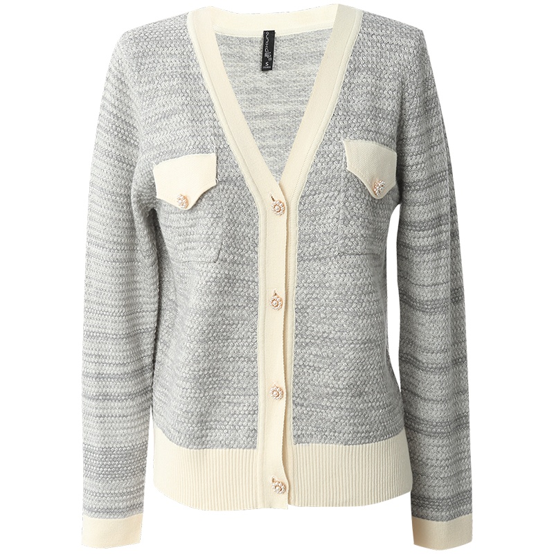 OUNIXUE欧昵雪 | [撞色拼接毛衣开衫]秋冬季显瘦V领外搭宽松针织衫外套女