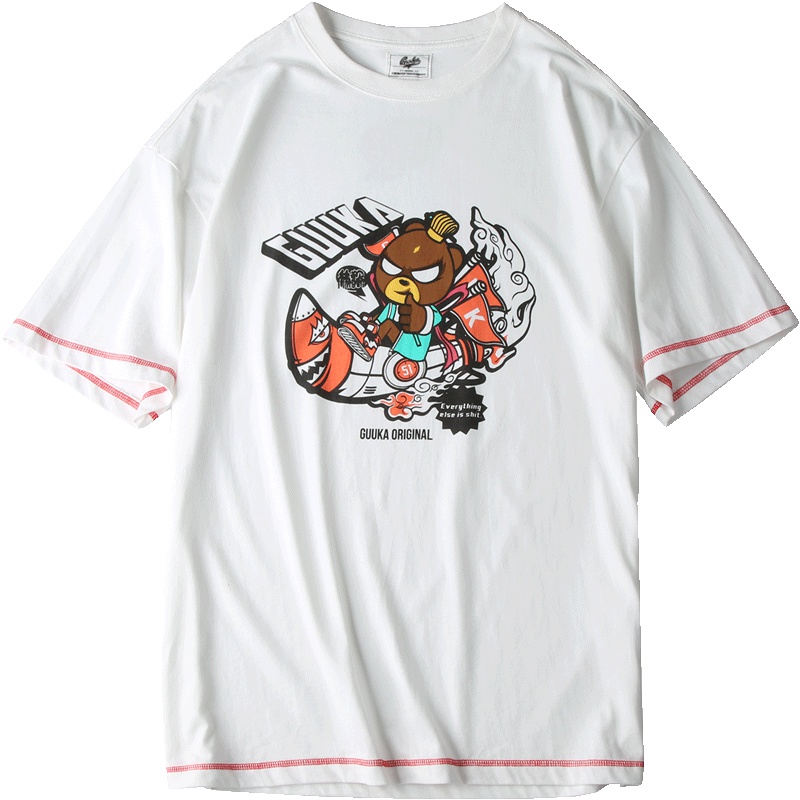 Guuka白色印花短袖T恤男潮牌 青少年动漫嘻哈运动圆领五分袖T宽松