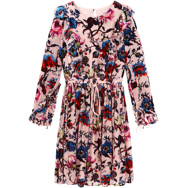 马克华菲女装2019春韩版女连衣裙印花修身长袖连衣裙