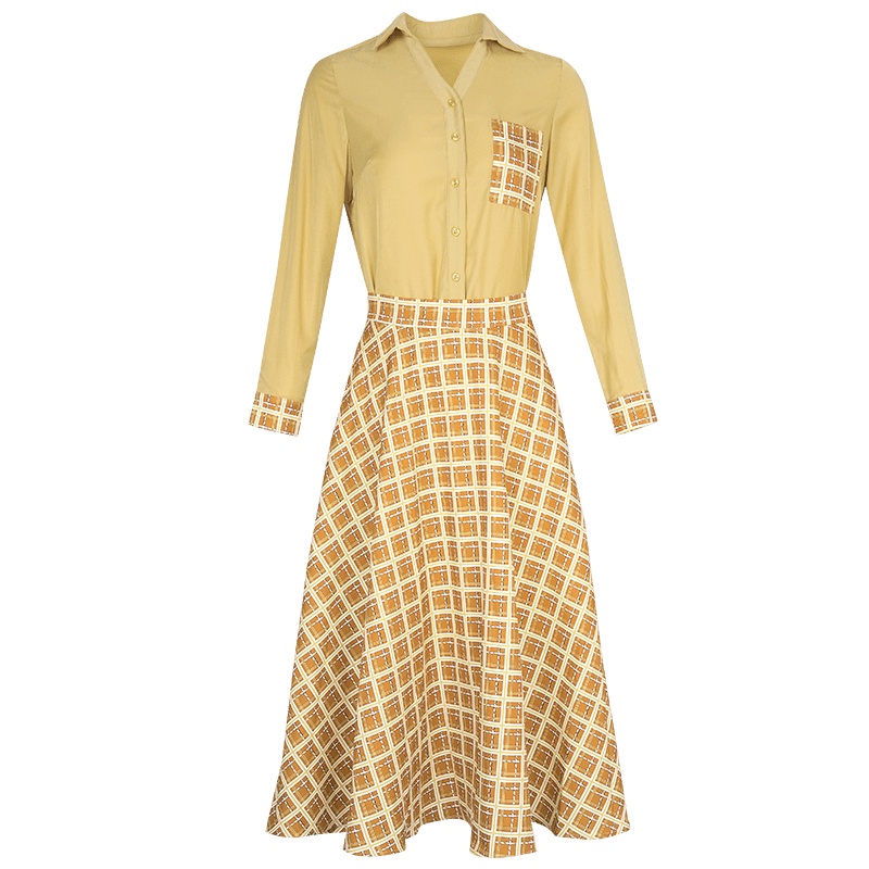 晚白2021春季新品通勤两件套V领长袖衬衫格子高腰半裙时尚套装女