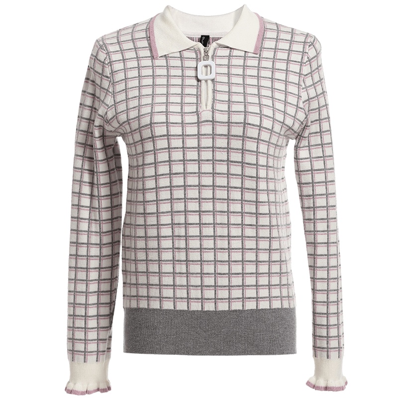 欧昵雪秋冬宽松格子毛针织衫女木耳长袖上衣