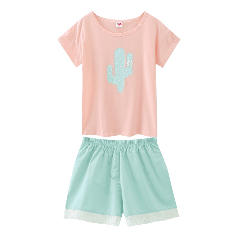 都市丽人清新撞色时尚休闲印花纯棉圆领家居服套装女士睡衣夏LH7202