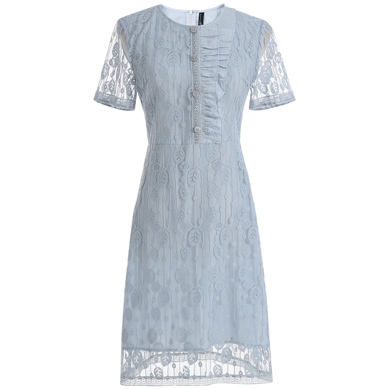 欧昵雪夏季圆领拼接荷叶边收腰镂空蕾丝连衣裙女显瘦短裙