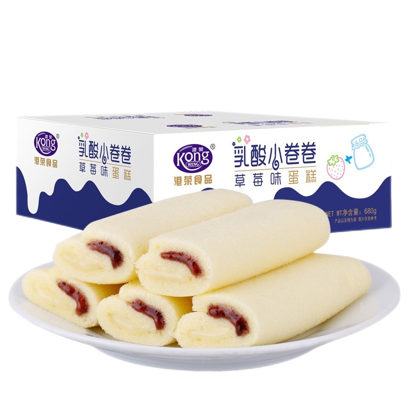 港荣乳酸草莓小卷卷蛋糕680g果酱蓝莓吐司整箱蒸蛋糕早餐酸奶面包吃的零食品