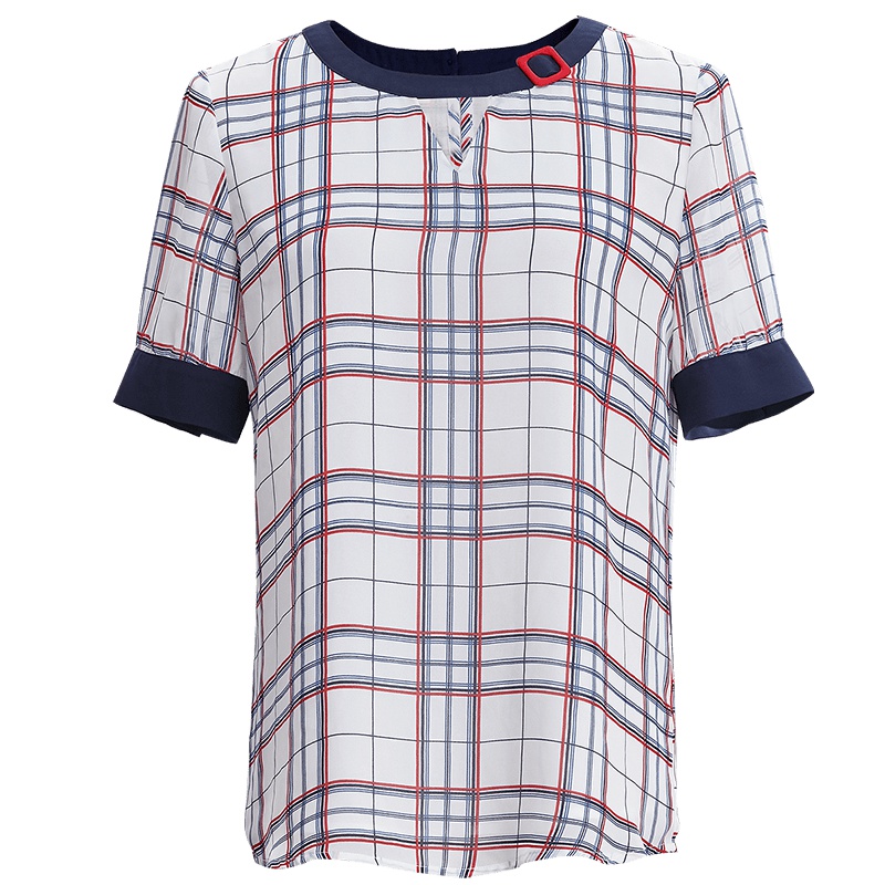 欧昵雪 夏圆领衬衫袖雪纺衫上衣女套头短袖格子雪纺T恤X