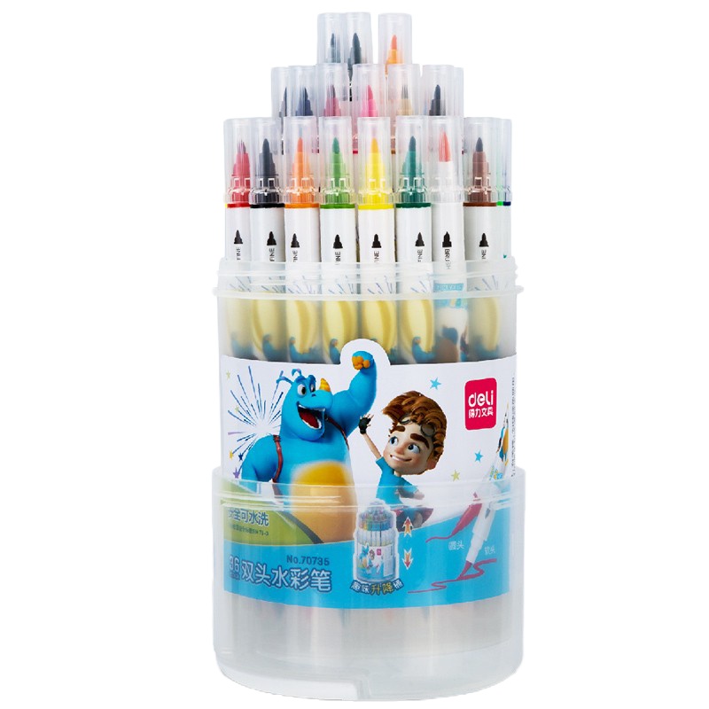 得力(deli)36色可水洗双头学生水彩笔 旋转桶装儿童绘画笔 画画笔涂鸦笔套装 70735