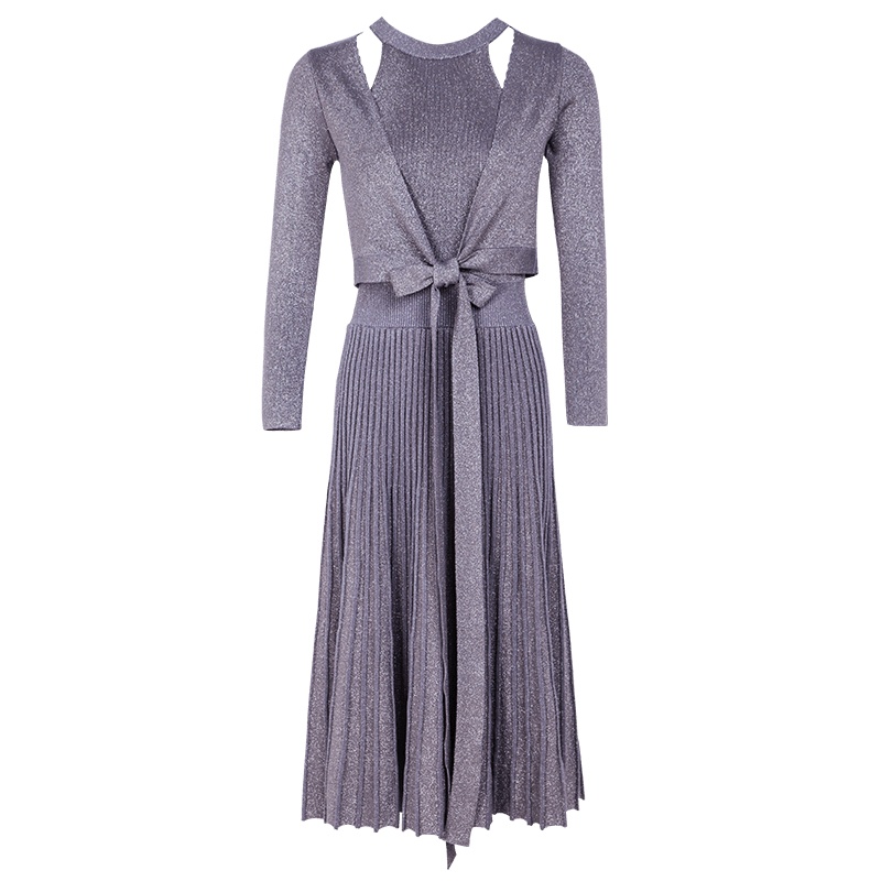 晚白2019秋季新品时尚套装裙系带收腰显瘦百褶针织连衣裙两件套女