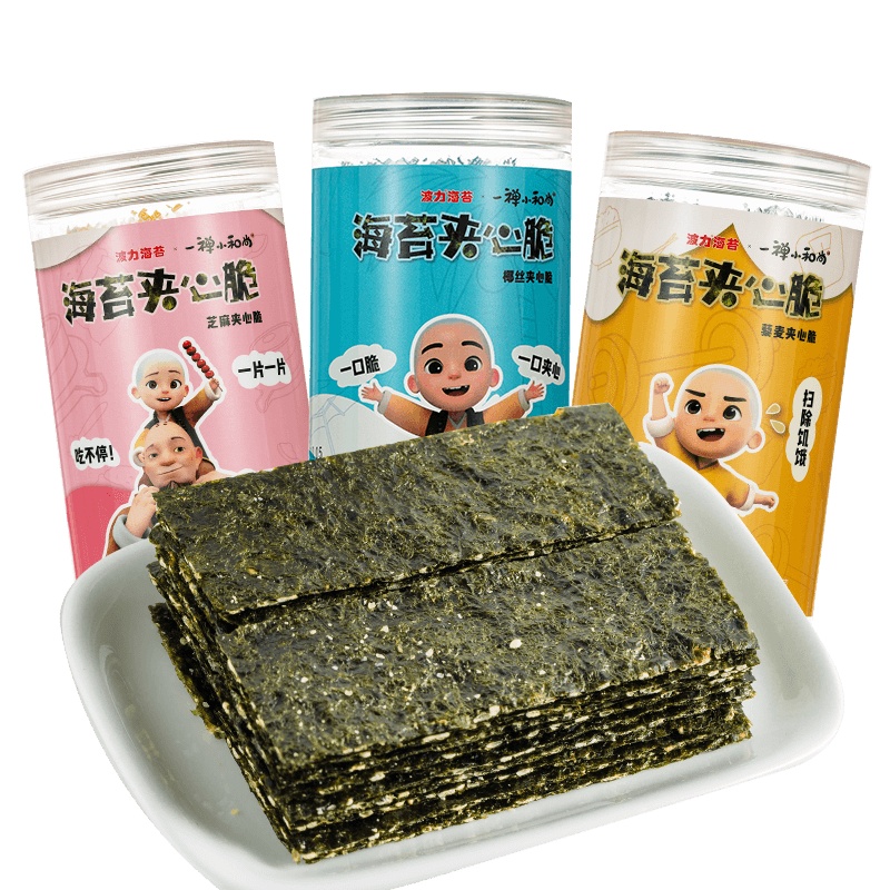 波力海苔夹心脆芝麻夹心海苔一禅小和尚联名款组合三罐装零食