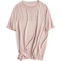 恒源祥妈妈夏装针织衫女低圆领中年纯色T恤镶钻套头衫