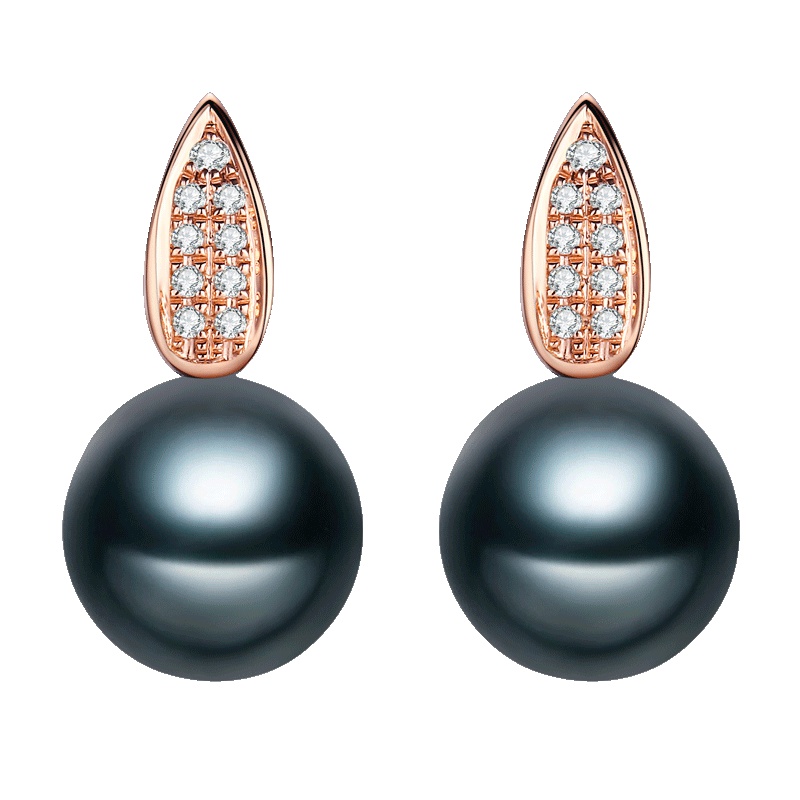 brir佰色传情正圆8-9mm优雅大溪地黑珍珠耳饰耳钉耳环女18K金钻石正品女