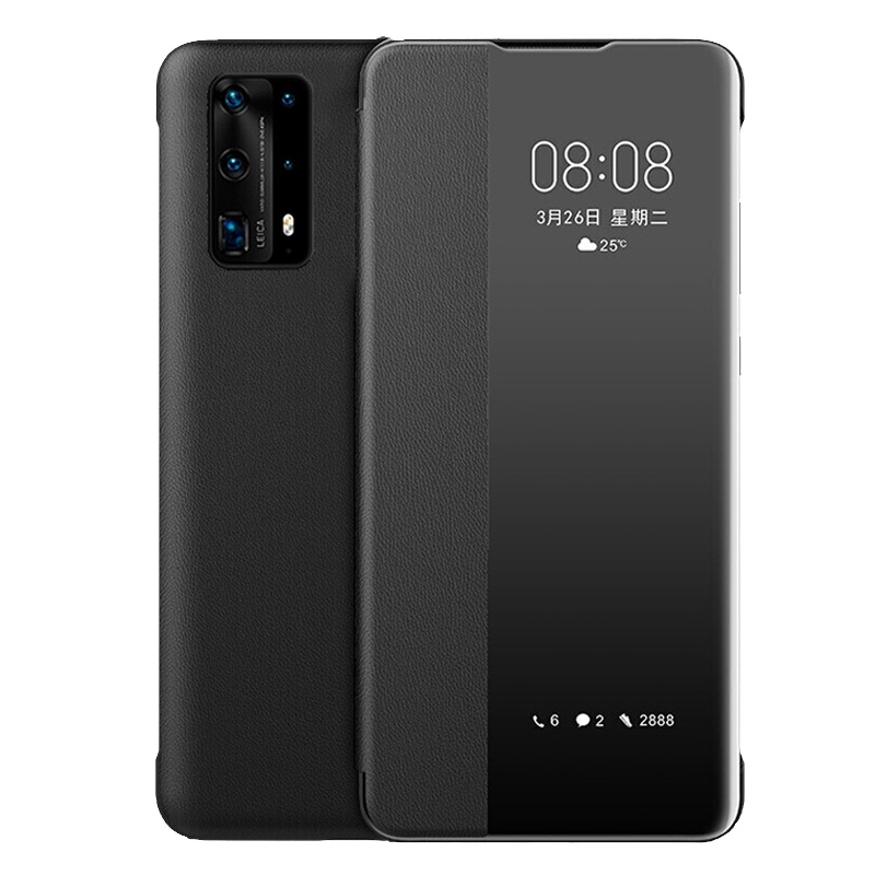 送钢化膜]溪特 华为P40手机壳原装免翻盖接听电话P40Pro翻盖式皮质保护壳抗爆防摔保护套商务视窗智能休眠皮套黑色配件