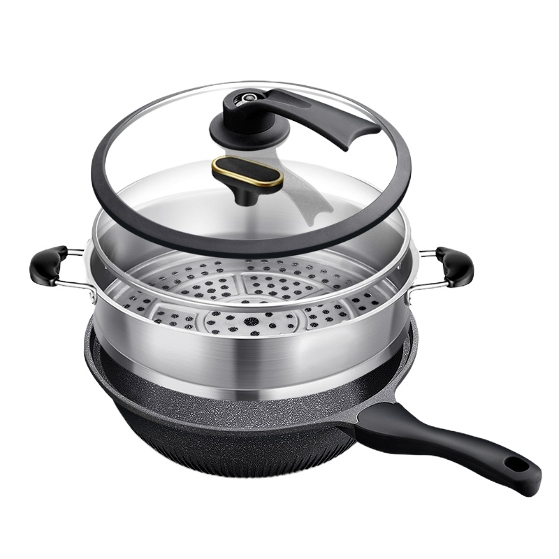 新丰腾麦饭石不粘锅炒锅无油烟平底锅炒菜锅家用多功能电磁炉燃气灶适用F1001炒锅32cm抗菌微压款(黑色双盖)+豪华蒸笼