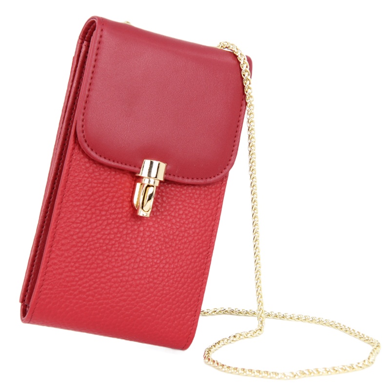 头层牛皮新款真皮女包大容量荔枝纹百搭手机包斜跨链条包 女