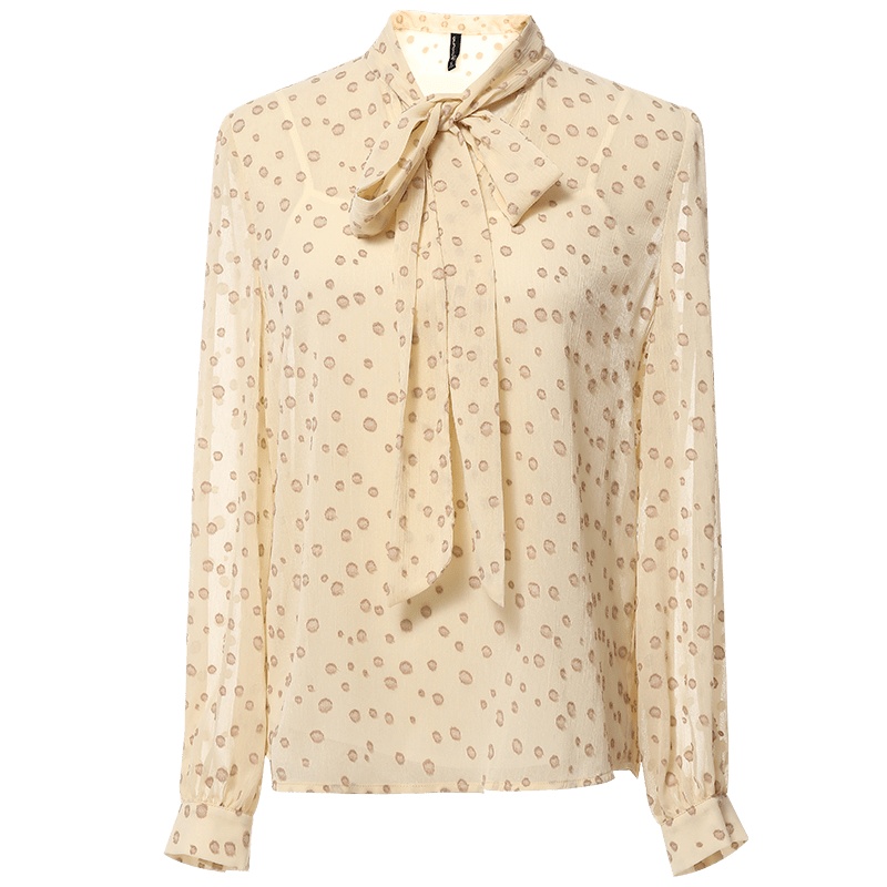 欧昵雪立领系带蝴蝶结波点提花雪纺衫女长袖套头上衣