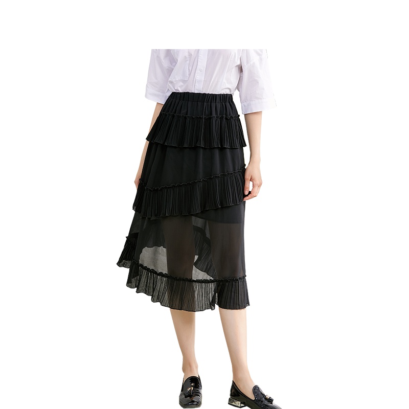 美丽衣橱黑色半身裙女2019新款时尚荷叶边褶皱修身显瘦蛋糕裙潮