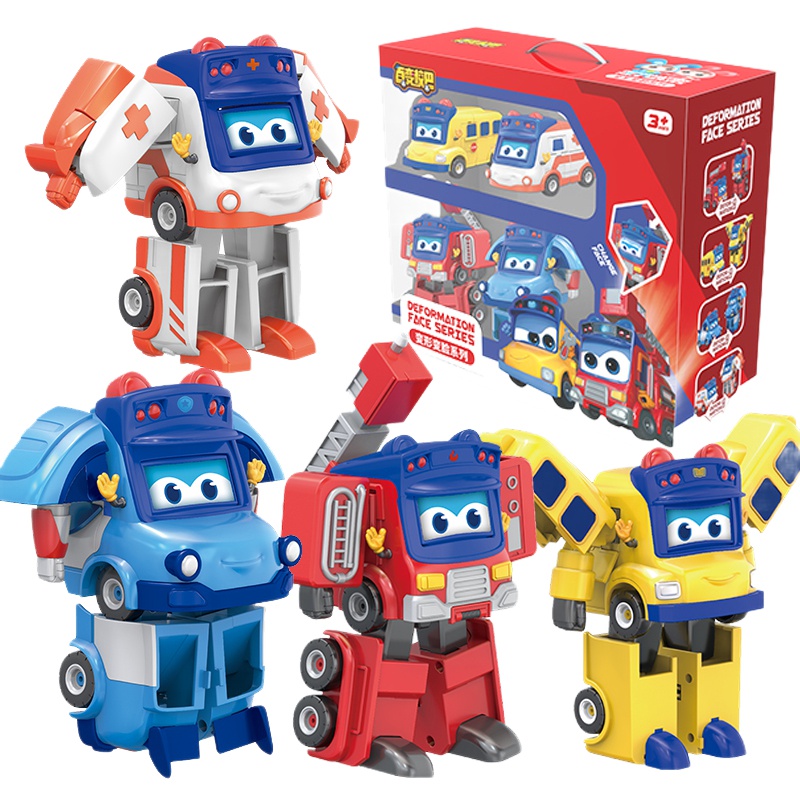 正版百变校巴车长消防车队长警长歌德变形机器人大巴士玩具男孩笑吧 变脸变形系列 六只装