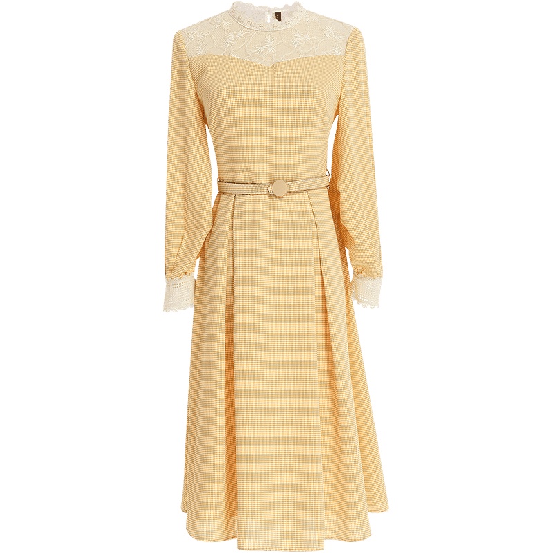 欧昵雪镂空蕾丝立领拼接长袖格子收腰连衣裙女中裙子