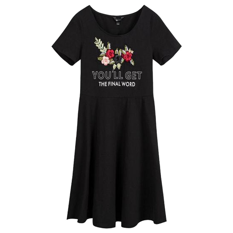 拉夏贝尔夏新款韩版刺绣收腰修身针织百搭气质显瘦连衣裙_556 S建议(80斤--105斤) 黑色