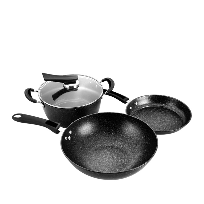 夏新精品不粘锅麦饭石三件套锅 礼品套装锅具 炒锅汤锅煎锅净重3.2KG GJ01
