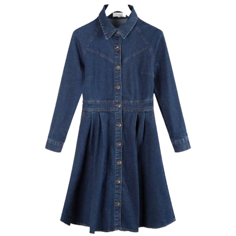 拉夏贝尔旗下拉贝缇秋冬女士韩版A字裙显瘦复古高腰中长袖百搭牛仔衬衫连衣裙60005858