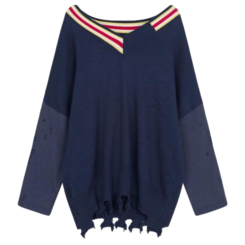 【热卖】宽松v领毛针织衫2019秋冬季新款拼接复古中长袖长款连衣裙子女装_60 S 藏青