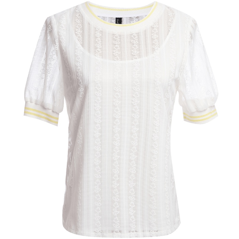 欧昵雪夏季韩版灯笼袖圆领套头白色蕾丝衫上衣T恤女短袖