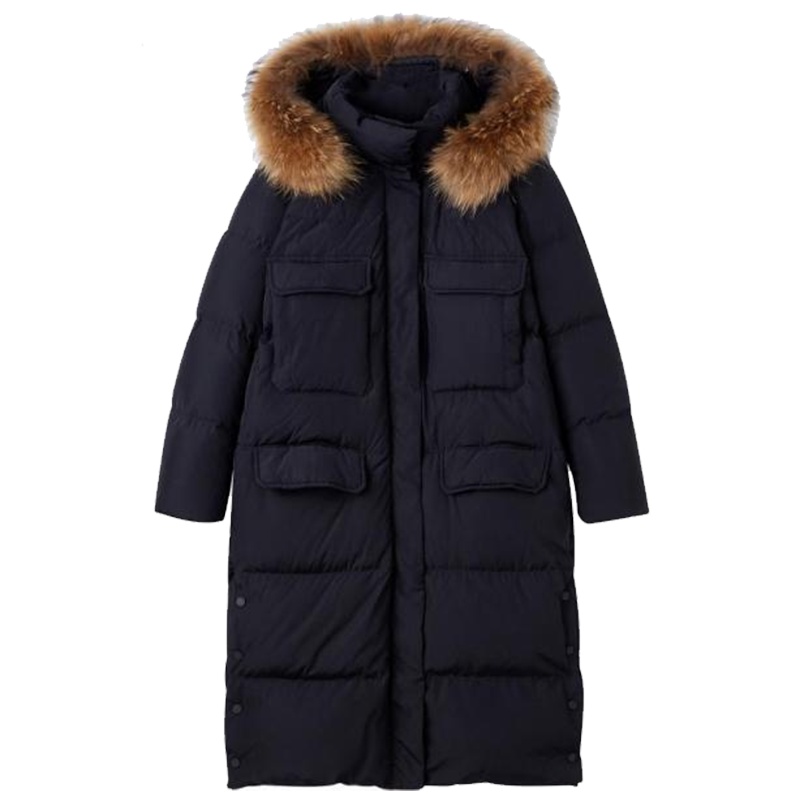 拉夏贝尔羽绒服女士中长款宽松保暖大衣毛领派克服鸭绒过膝外套女10017738