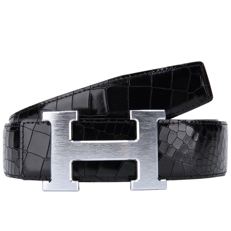 ZAQEEN鳄鱼纹头层牛皮男士腰带 铜字母平滑H扣皮带 啡色青年时尚百搭130cm 黑色中年休闲商务裤带
