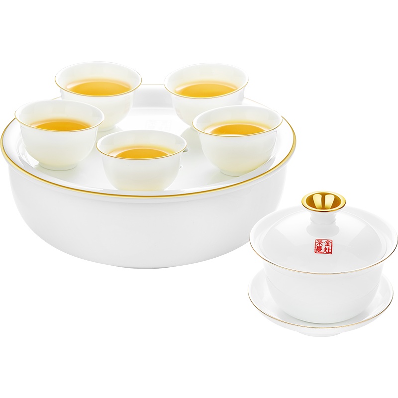 KAMJOVE/金灶 KP-139 白瓷陶瓷功夫茶具套装 蓄水盘一盖碗五茶杯套装 金色冲茶器 茶具