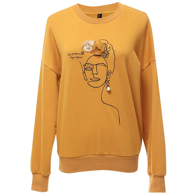 欧昵雪秋冬韩版抽象人脸绣花钉珠圆领套头宽松卫衣女长袖