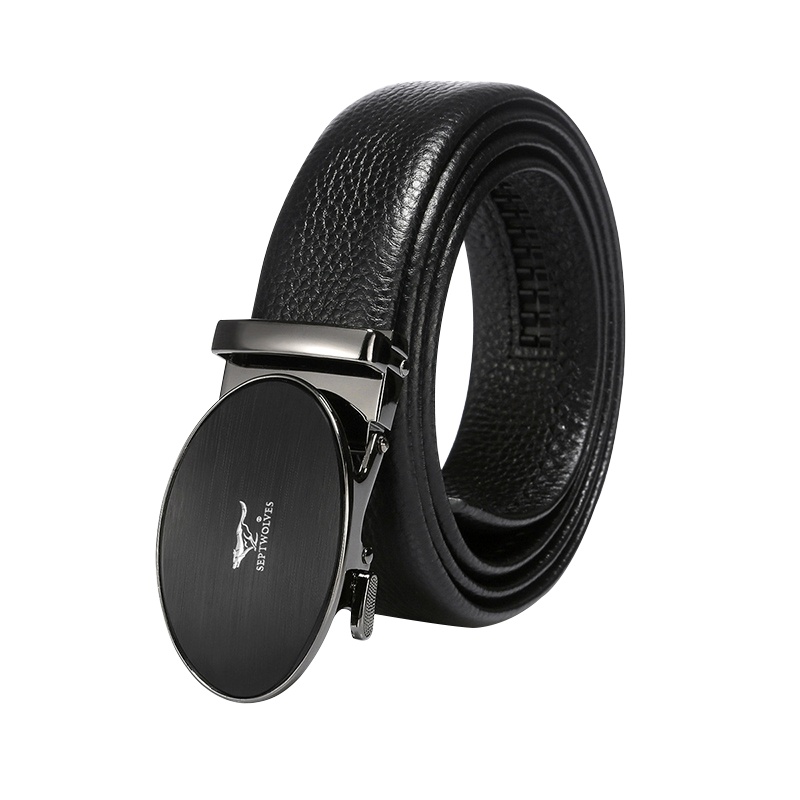 七匹狼男士皮带 时尚商务牛皮中青年腰带针扣休闲裤带A1229-1 黑色115-130cm送父亲男友生日礼物