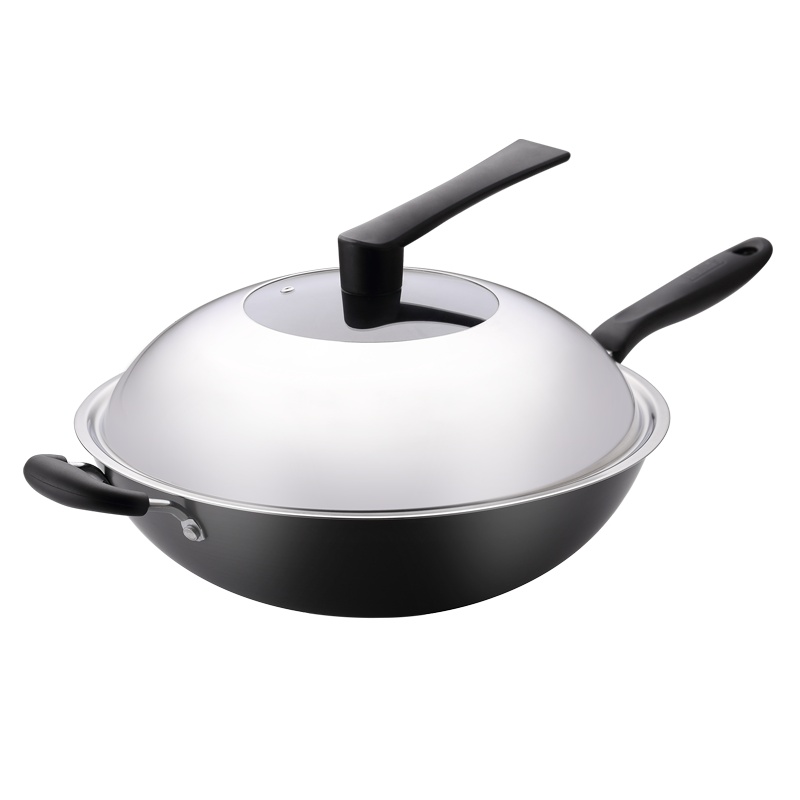 PFT-8122 无涂层硬质炒锅(圆底)36CM(含盖彩盒装) 纳米渗透技术 无涂层省油少油烟 永不锈