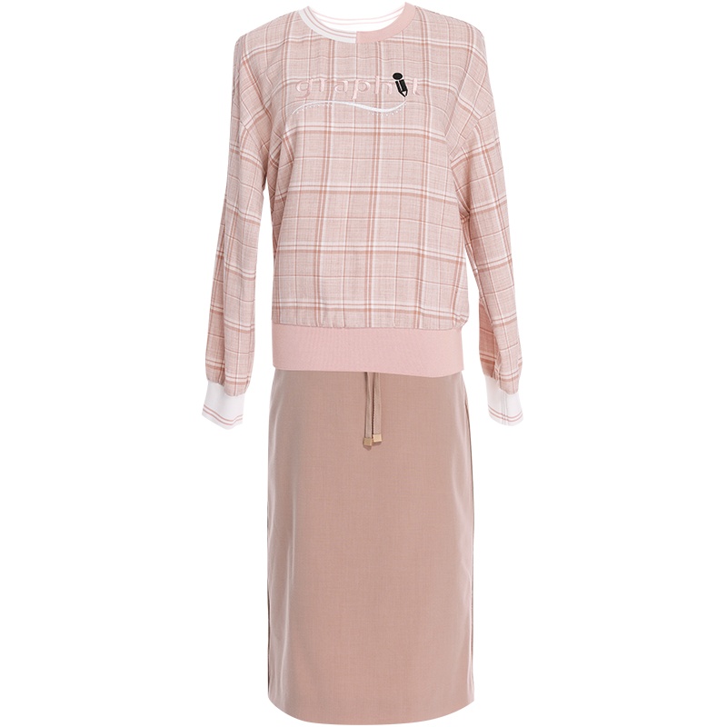 欧昵雪圆领格子卫衣裙子两件套女包臀半身裙时尚套装