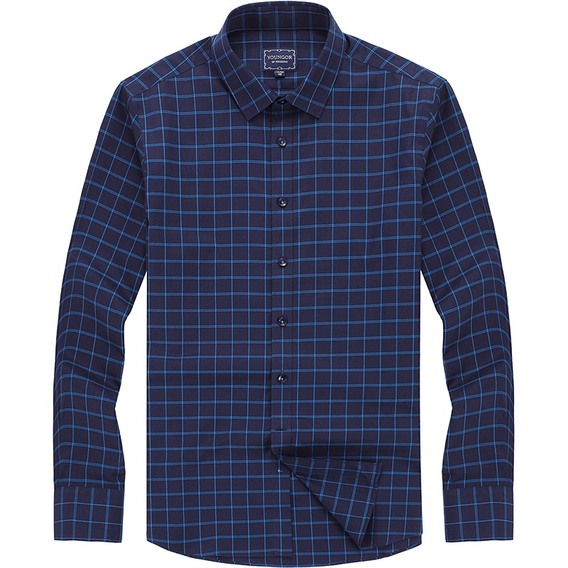 Youngor/雅戈尔男士商务正装秋季湖蓝格子长袖衬衫100021