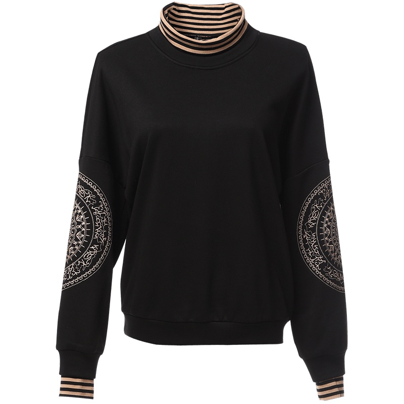 欧昵雪半高领条纹宽松遮肚卫衣女绣花长袖上衣