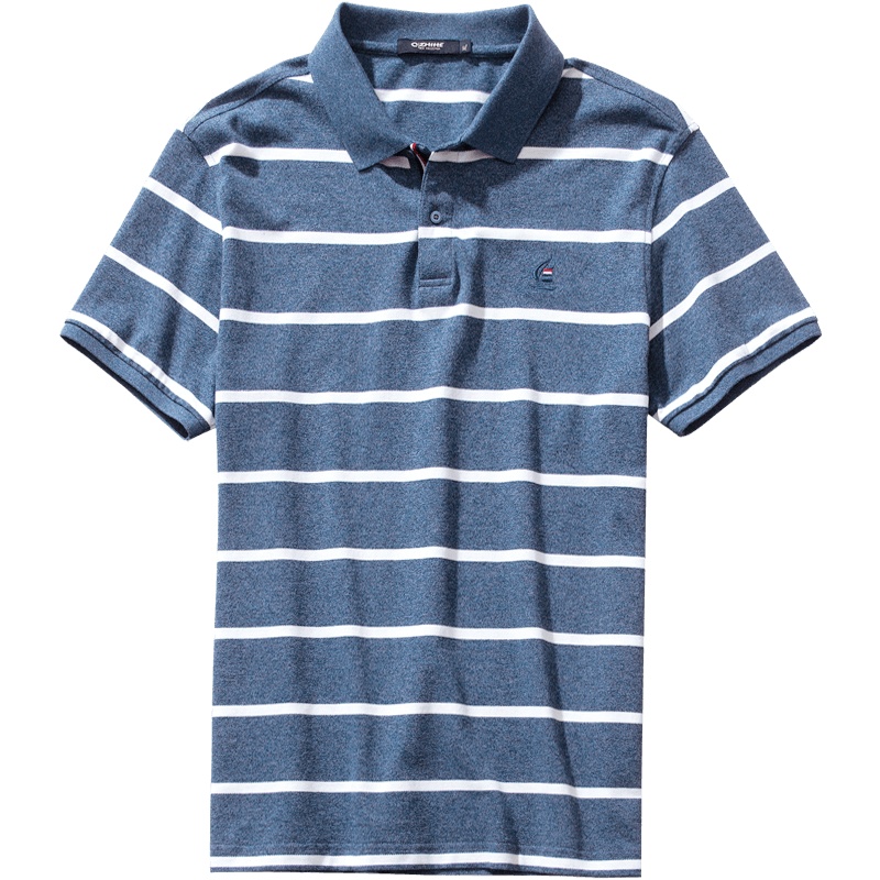 千纸鹤青年男士polo衫2019夏季蓝白条纹短袖刺绣上衣男25038