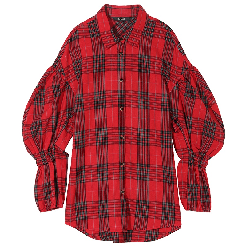 妖精的口袋格子衬衫女复古港味2019秋季新款韩版学生泡泡袖上衣女