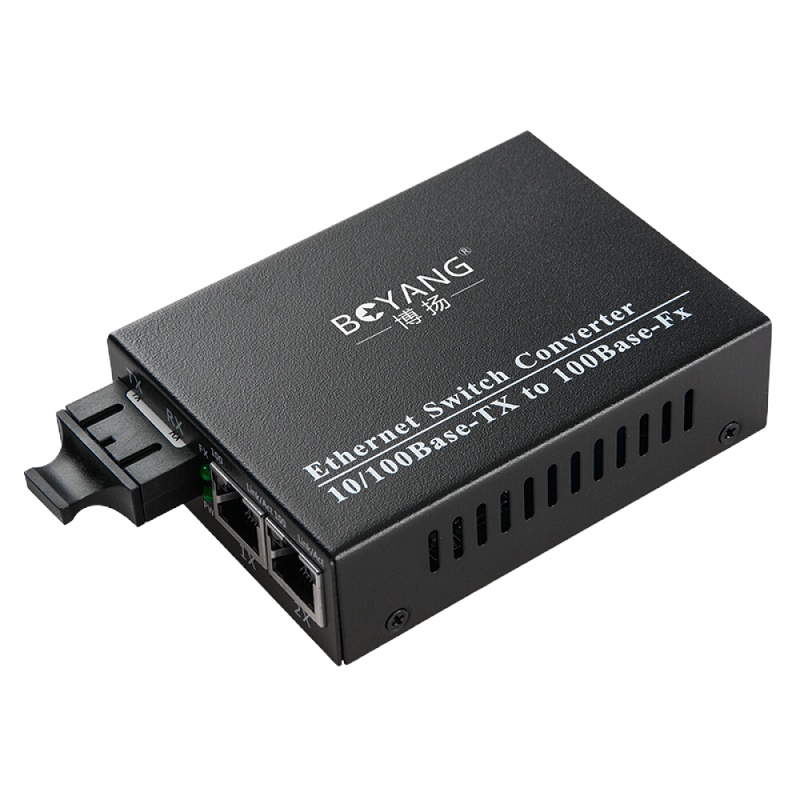 博扬(BOYANG)BY-DF102S百兆一光二电单模双纤光纤收发器交换机光电转换器防雷SC接口25公里外置电源