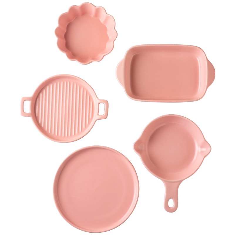 亿嘉IJARL 北欧风双耳烤盘创意个性陶瓷菜盘子家用焗饭烘焙烤箱饭盘 粉色食语5件套