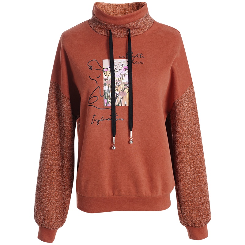 OUNIXUE欧昵雪 | [时尚加绒上衣]冬季高领趣味烫图拼接宽松休闲显瘦卫衣女