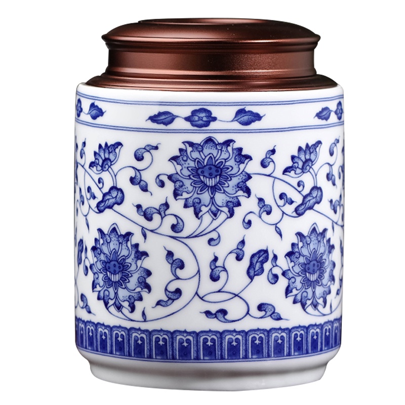 景德镇青花瓷茶叶罐陶瓷家用密封散装红茶铁观音绿茶普洱茶叶储存罐干果中草药带双层罐子防潮 LICHEN 缠枝莲 普通包装