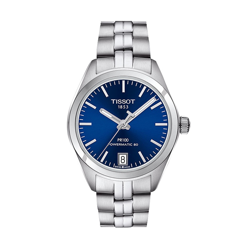 天梭(TISSOT)瑞士手表 PR100系列 海洋蓝表盘钢带女士机械表T101.207.11.041.00