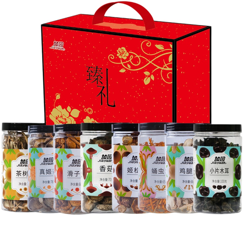 加园(Jiayuan)臻礼菌菇礼盒608g茶树菇真姬菇滑子蘑小片木耳姬松茸蛹虫草香菇