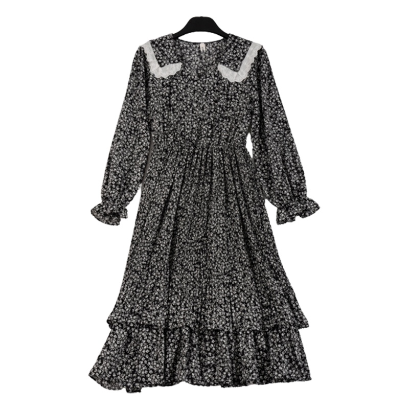 拉夏贝尔Laetia2021春装蕾丝拼接娃娃领连衣裙雪纺收腰显廋过膝女