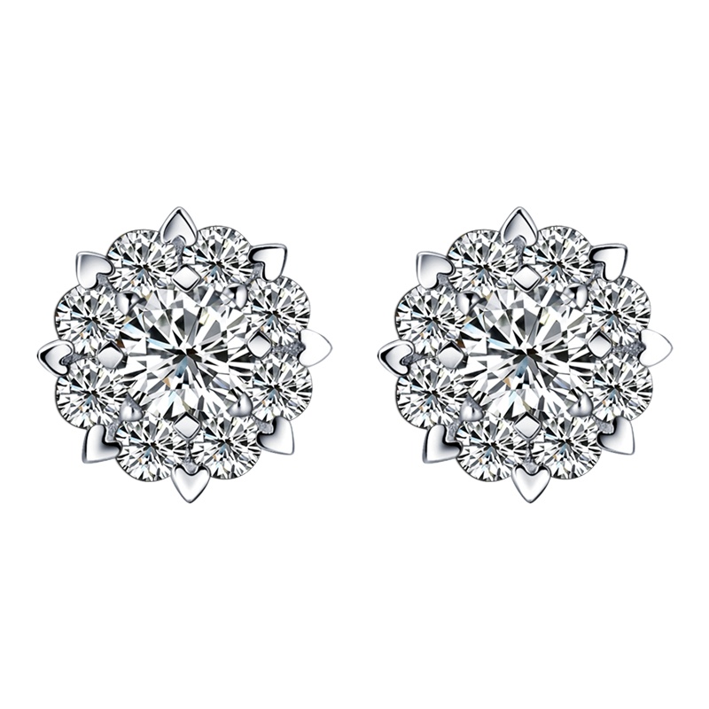 喜钻 克拉效果女人花18K金群镶钻石耳钉女送女友生日礼物