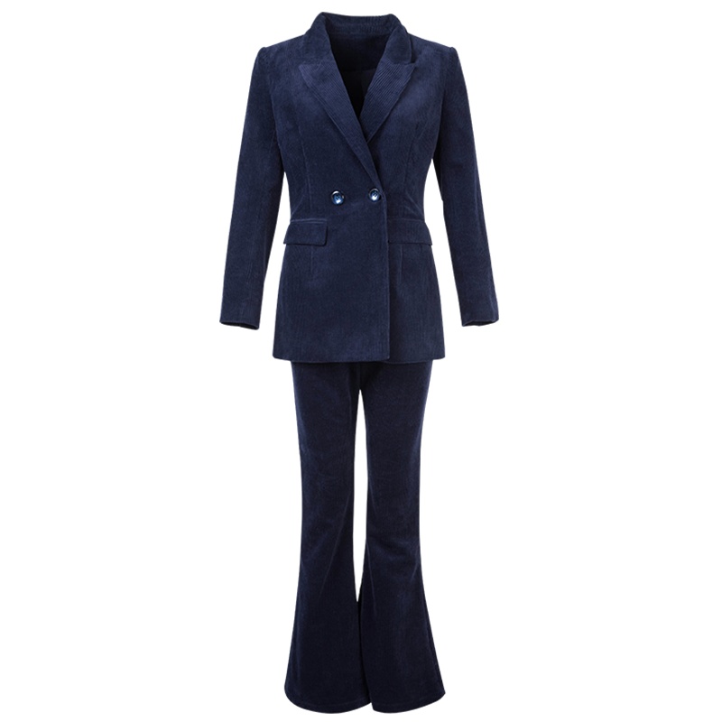 晚白2021春新品职业两件套修身纯色西装外套西裤灯芯绒时尚套装女