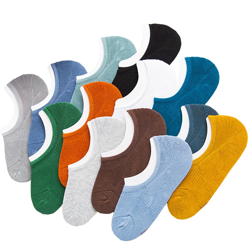 猫人多彩系列素色衬板男船袜5双装