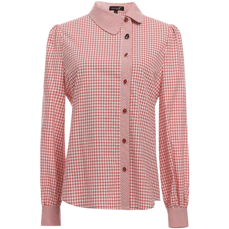 欧昵雪不规则斜领显瘦格子衬衫女洋气小众纯棉上衣