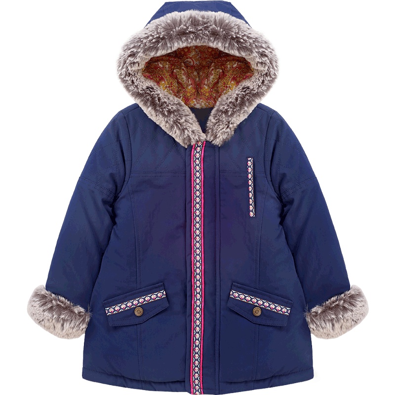 婴姿坊冬季男女童中长款休闲夹棉外套时尚毛毛边民族风纯色棉服 80-120cm 1-5岁